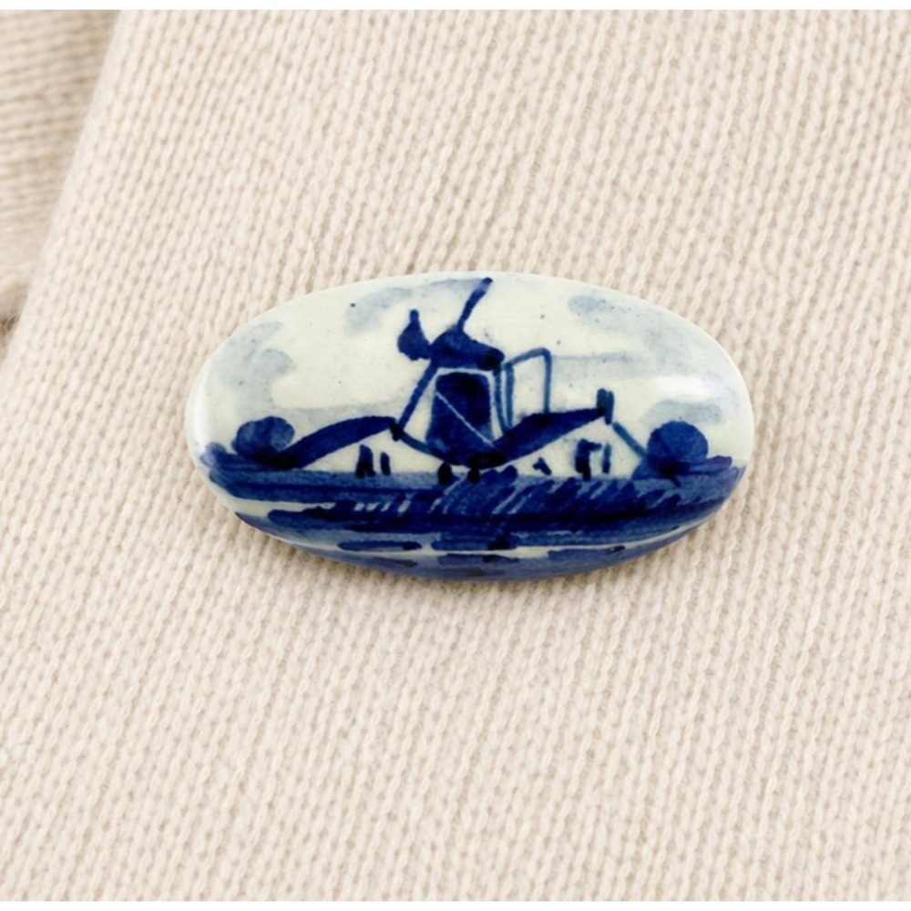 Vintage Delft Holland Porcelain Brooch Blue Windmill Pin Hand‎ Painted ~ 1.5"